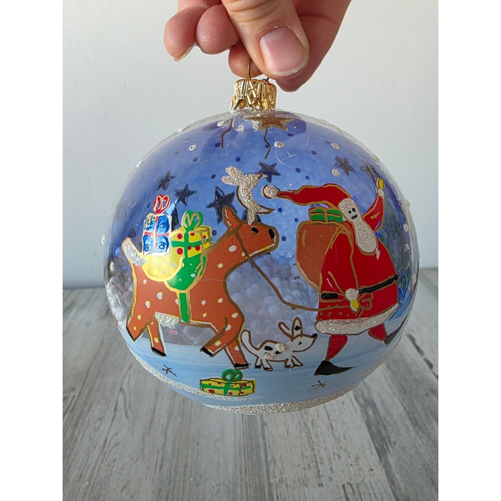 Vintage Santa reindeer snowball glass ornament unique tree glitter Xmas